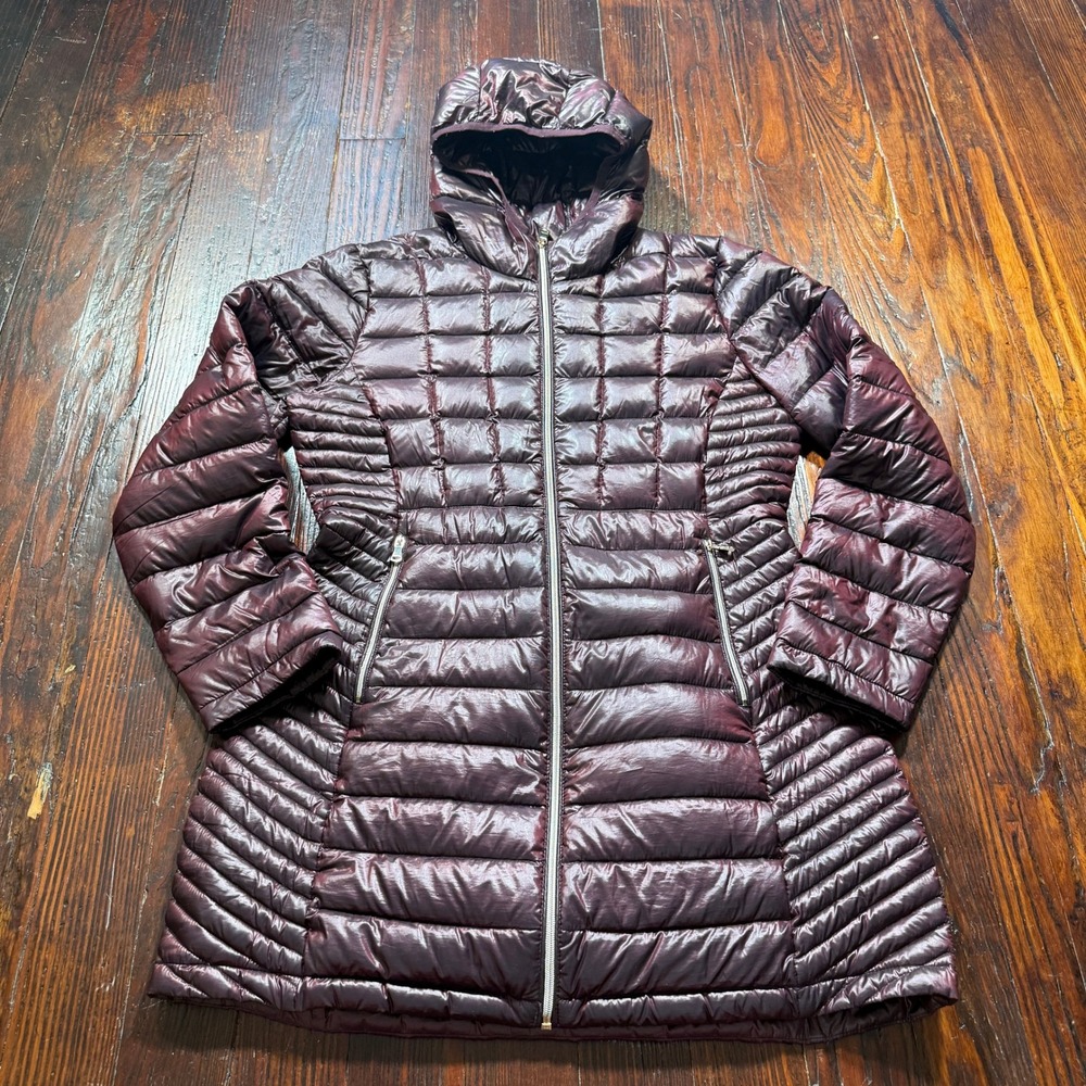 Calvin Klein Puffer Jacket Womens L Plum‎ Down Packable Lightweight Hooded Coat